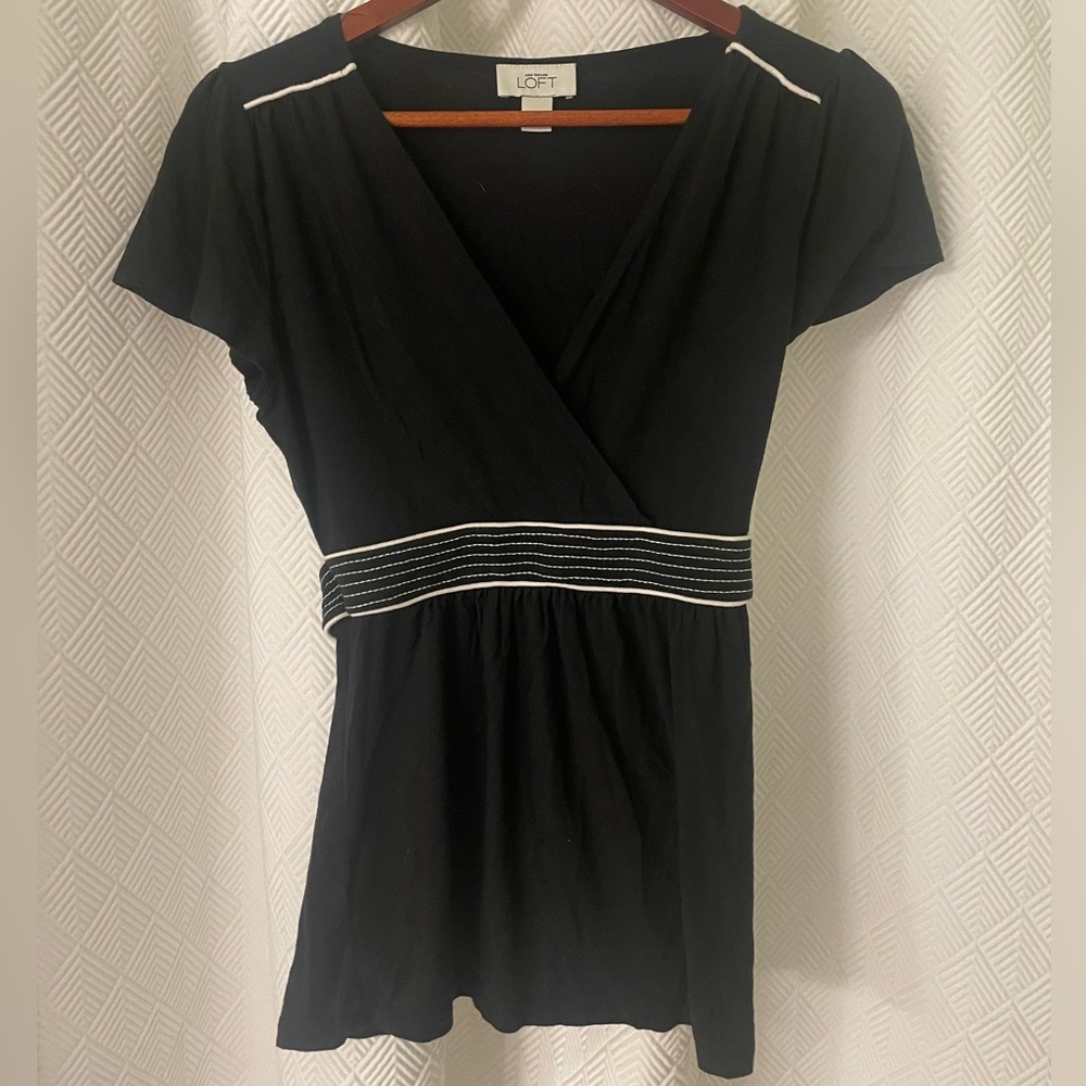 LOFT Black Wrap Blouse with White Accents